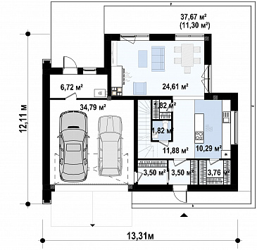 Проект двухэтажного дома с гаражом, гостиной с камином, кладовой, балконами / План 1 этажа Проект двухэтажного дома с гаражом, гостиной с камином, кладовой, балконами / План 1 этажа