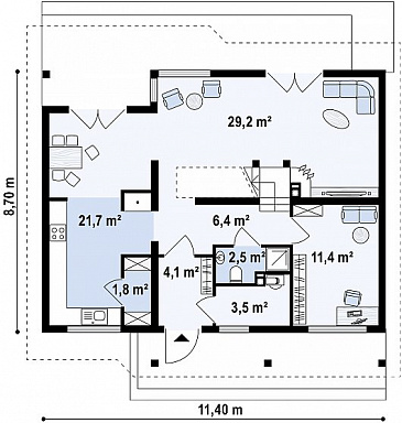 Проект одноэтажного мансардного дома из кирпича с кабинетом и тремя комнатами / План 1 этажа Проект одноэтажного мансардного дома из кирпича с кабинетом и тремя комнатами / План 1 этажа
