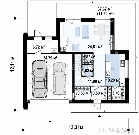 Проект двухэтажного дома с гаражом, гостиной с камином, кладовой, балконами / План 1 этажа Проект двухэтажного дома с гаражом, гостиной с камином, кладовой, балконами / План 1 этажа
