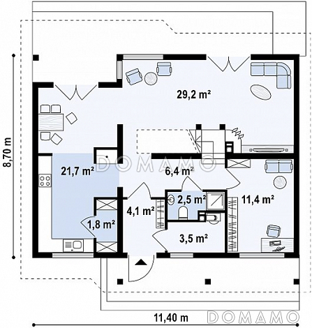 Проект одноэтажного мансардного дома из кирпича с кабинетом и тремя комнатами / План 1 этажа Проект одноэтажного мансардного дома из кирпича с кабинетом и тремя комнатами / План 1 этажа
