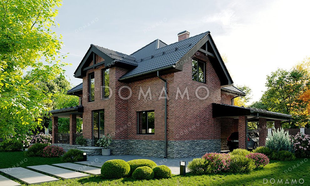 Проект одноэтажного дома с мансардой, просторной террасой и навесом для автомобиля / 3