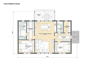 Проект скандинавского каркасного дома с панорамными окнами, большой гостиной и крытой террасой / План 1 этажа