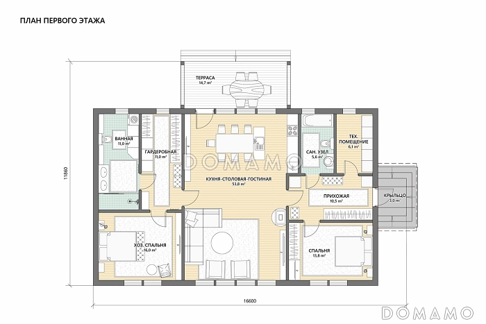 Проект скандинавского каркасного дома с панорамными окнами, большой гостиной и крытой террасой / План 1 этажа
