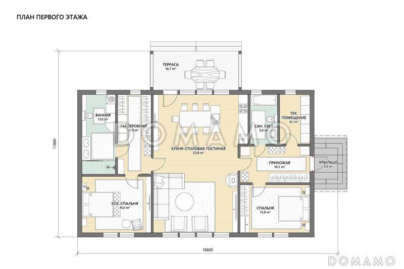 Проект скандинавского каркасного дома с панорамными окнами, большой гостиной и крытой террасой / План 1 этажа