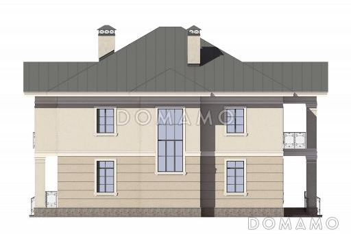 Проект дома с большой гостиной, санузлом, гостевой, хозяйской спальней с балконом / Фасад 3