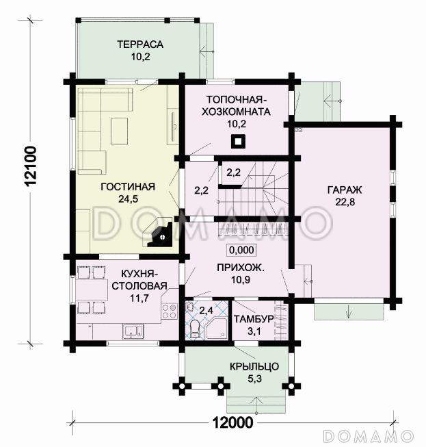 Проект деревянного дома с рациональной планировкой, просторной гостиной и гаражом / План 1 этажа