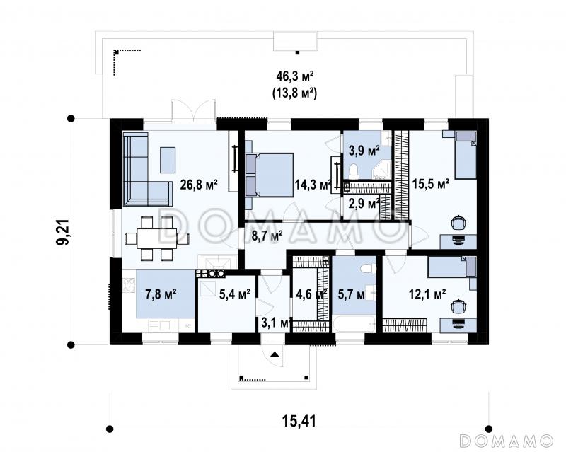Проект одноэтажного загородного дома с удобной планировкой, мастер-спальней, ванной с окном, террасой / План 1 этажа