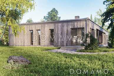 Проект кирпичного одноэтажного дома в стиле барнхаус с панорамными окнами и террасой