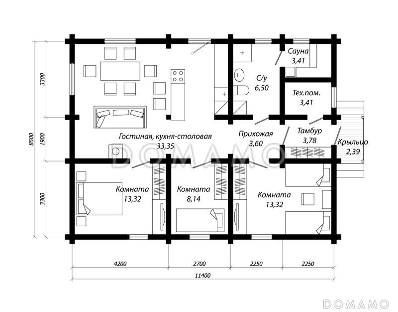 Проект дома из бруса для сезонного проживания / План 1 этажа
