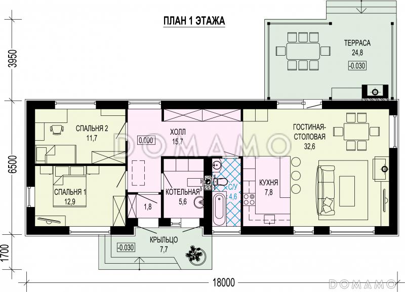 Проект одноэтажного газобетонного дома с барбекю на террасе и двумя спальнями / План 1 этажа