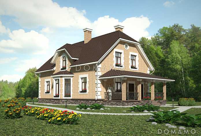 Проект коттеджа с эркером и французскими балконами.