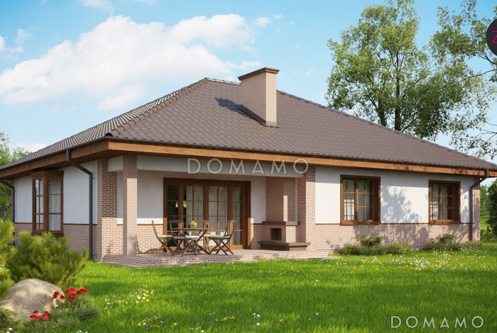 Проект одноэтажного дома из кирпича с зоной барбекю на террасе