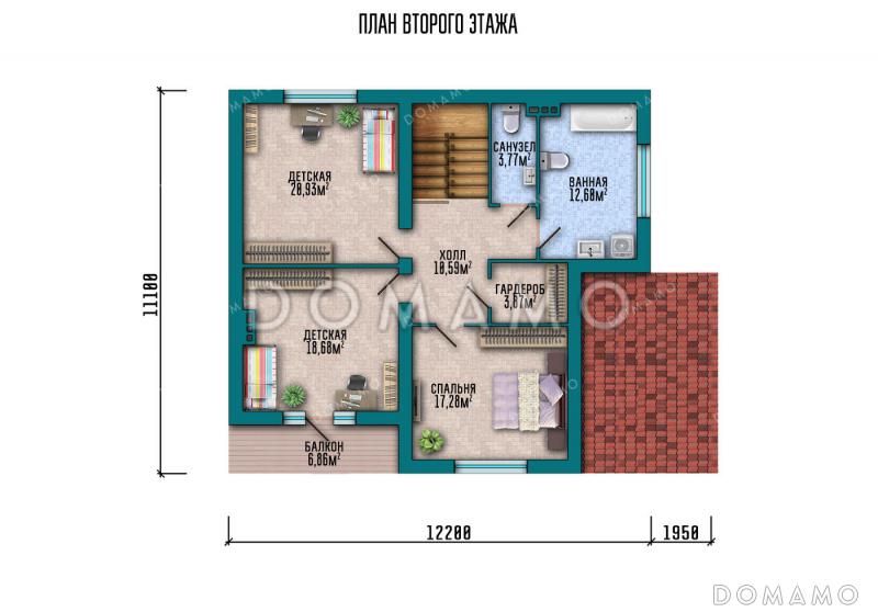 Проект дома с 4 спальнями, высокими окнами и крытой террасой / План мансардного этажа