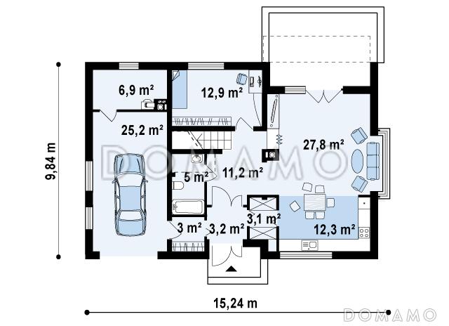 Проект современного мансардного дома из кирпича с четырьмя комнатами, эркером и одноместным гаражом / План 1 этажа