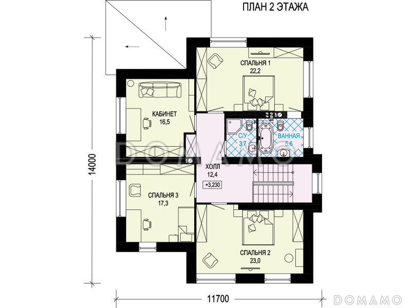Проект двухэтажного дома с террасой, большой гардеробной, комнатой на первом этаже / План 2 этажа