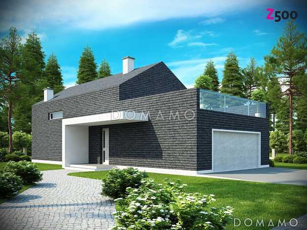 Проект современного двухэтажного дома из газобетона, с тремя спальнями, гаражом и террасой над ним Проект современного двухэтажного дома из газобетона, с тремя спальнями, гаражом и террасой над ним