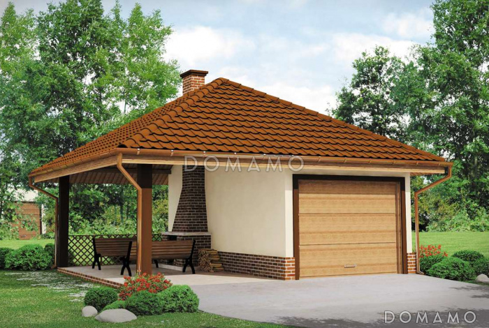 Проект одноместного гаража из газобетона с барбекю на террасе Проект одноместного гаража из газобетона с барбекю на террасе