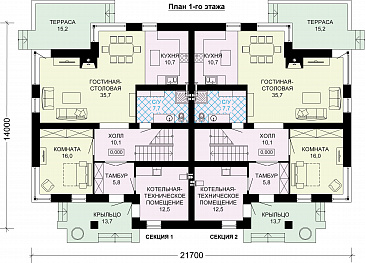 Проект двухэтажного дома-дуплекса из газобетона / План 1 этажа Проект двухэтажного дома-дуплекса из газобетона / План 1 этажа