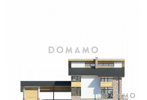 Проект дома с навесом и гаражом для машин, крытой террасой, котельной с отдельным входом с улицы, большой кухней и гостиной, вторым светом / Фасад 1