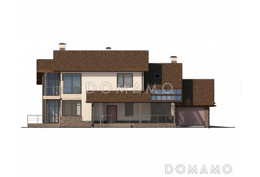 Проект дома с панорамными окнами, гаражом на одну машину, спальней с выходом на террасу, сауной / Фасад 2