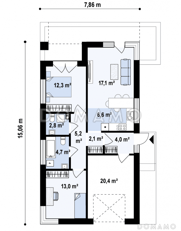 Проект одноэтажного загородного дома небольшой площади с гаражом, двумя спальнями с большими окнами / План 1 этажа