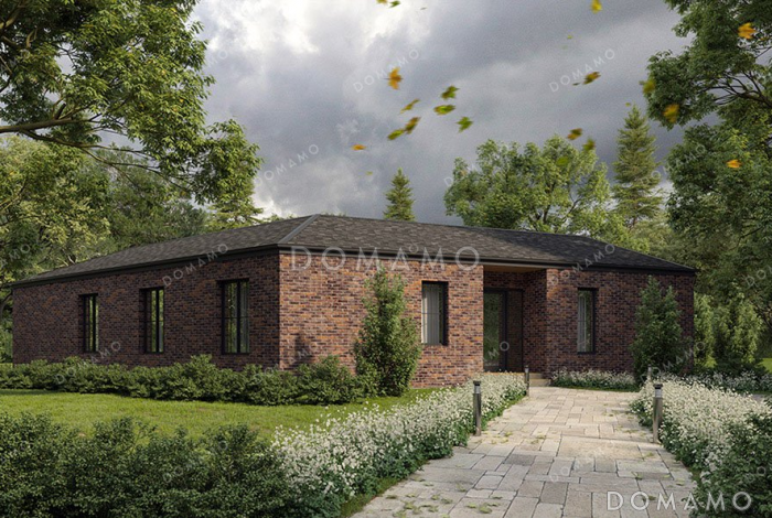 Проект большого одноэтажного дома с просторной кухней-гостиной и террасой