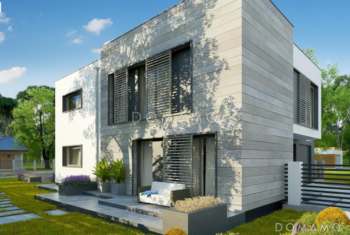 Проект современного двухэтажного дома из кирпича с плоской крышей с четырьмя спальнями, кабинетом и двухместным гаражом Проект современного двухэтажного дома из кирпича с плоской крышей с четырьмя спальнями, кабинетом и двухместным гаражом