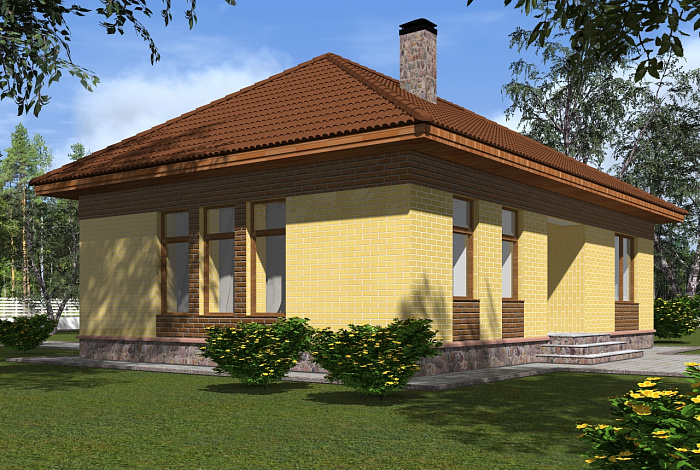 Одноэтажный дом из крупноформатного кирпича с двумя спальнями и большой кухней-гостиной
