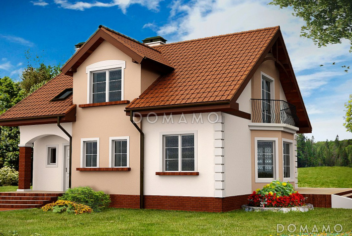 Проект комфортного дома с эркером в гостиной, кабинетом, балконом  в комнате на мансарде