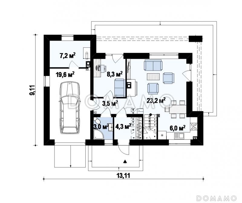 Проект одноэтажного мансардного дома из кирпича с прямоугольным выступом на втором уровне / План 1 этажа