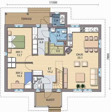 Проект каркасного дома с мансардой и санузлом / План 1 этажа Проект каркасного дома с мансардой и санузлом / План 1 этажа
