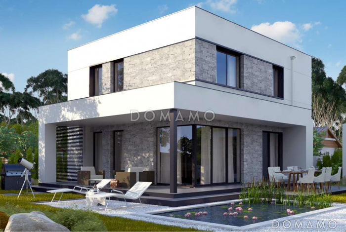 Проект современного двухэтажного дома из кирпича с плоской крышей, четырьмя комнатами и угловым остеклением гостиной Проект современного двухэтажного дома из кирпича с плоской крышей, четырьмя комнатами и угловым остеклением гостиной