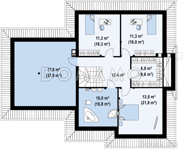 Проект просторного мансардного дома из газобетона с четырьмя спальнями, гаражом и барбекю не террасе / План мансардного этажа