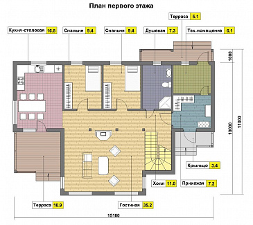 Проект каркасного дома с балконом / План 1 этажа Проект каркасного дома с балконом / План 1 этажа