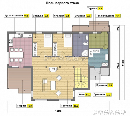 Проект каркасного дома с балконом / План 1 этажа Проект каркасного дома с балконом / План 1 этажа