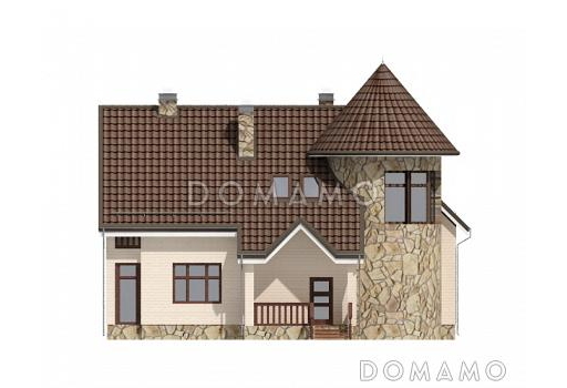 Проект дома с башней, окнами в пол на веранде, с балконом и лоджией / Фасад 2