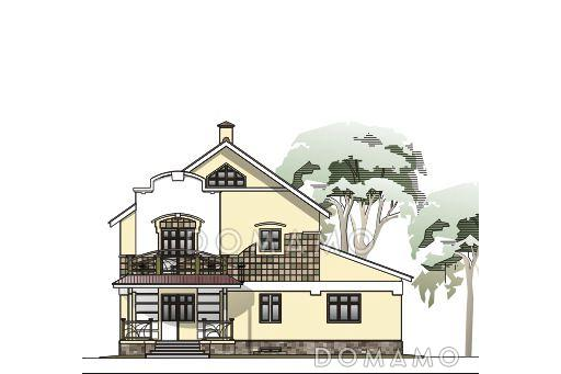 Проект дома из пеноблоков с цокольным этажом, гаражом, тремя спальнями и гостевой  комнатой на первом этаже / Фасад 2