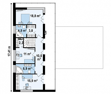 Проект современного двухэтажного дома из кирпича с плоской крышей, четырьмя комнатами и одноместным гаражом / План 2 этажа Проект современного двухэтажного дома из кирпича с плоской крышей, четырьмя комнатами и одноместным гаражом / План 2 этажа