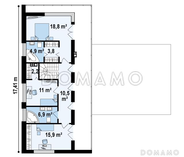 Проект современного двухэтажного дома из кирпича с плоской крышей, четырьмя комнатами и одноместным гаражом / План 2 этажа