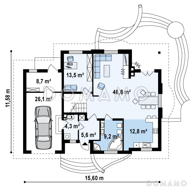 Проект одноэтажного мансардного дома из газобетона с двумя балконами, барбекю на террасе и гаражом  / План 1 этажа