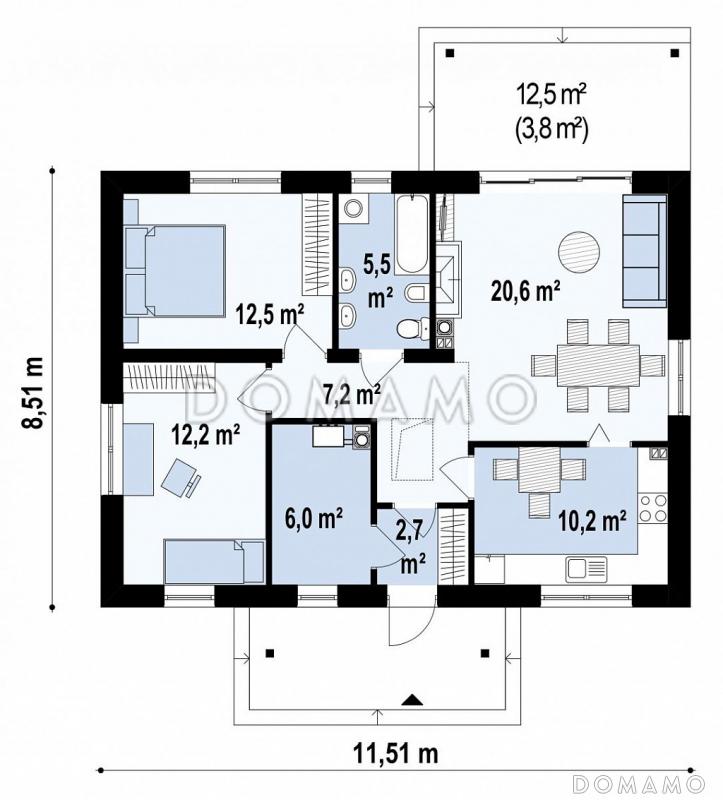 Проект компактного одноэтажного дома из газобетона с двумя спальнями, техническим помещением и изолированной кухней / План 1 этажа
