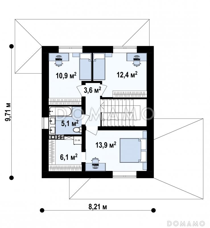 Проект двухэтажного дома с кабинетом, зоной кухни с окном, гостиной с выходом на крытую террасу / План 2 этажа