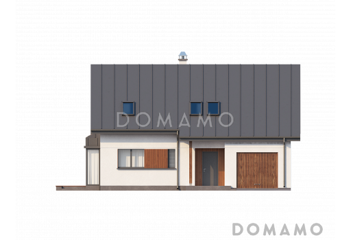 Проект одноэтажного мансардного дома из газобетона со стеклянным прямоугольным эркером и гаражом  / Фасад 1