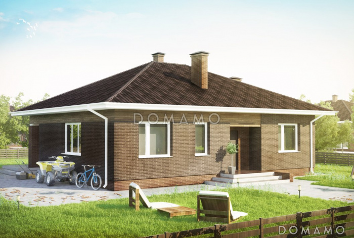 Проект компактного одноэтажного дома по технологии ЛСТК с террасой, с комбинированной отделкой Проект компактного одноэтажного дома по технологии ЛСТК с террасой, с комбинированной отделкой