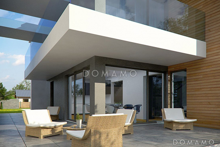 Проект современного двухэтажного дома из кирпича с плоской крышей с четырьмя спальнями, кабинетом, гаражом и большой площадью остекления Проект современного двухэтажного дома из кирпича с плоской крышей с четырьмя спальнями, кабинетом, гаражом и большой площадью остекления