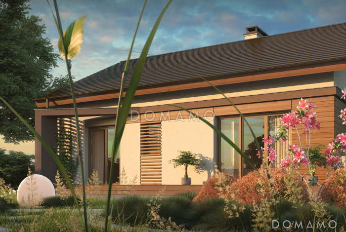 Проект компактного одноэтажного дома из кирпича с оригинальной открытой террасой по периметру Проект компактного одноэтажного дома из кирпича с оригинальной открытой террасой по периметру