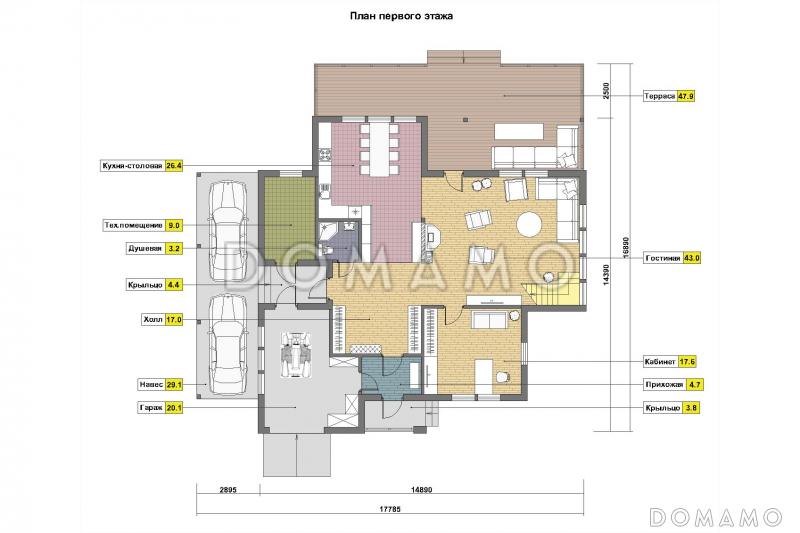 Проект дома из газобетонных блоков с отделкой из двух материалов / План 1 этажа