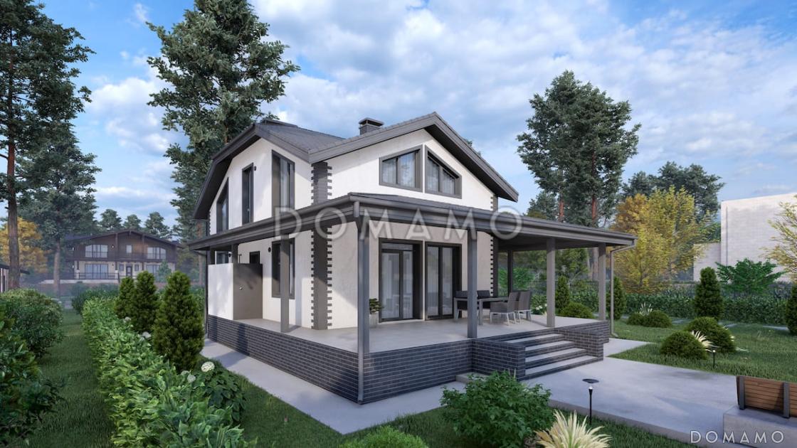 Проект мансардного дома с сауной, летним душем и большой крытой террасой / 3