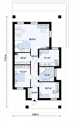 Проект простого комфортного одноэтажного дома из кирпича с тремя спальнями / План 1 этажа Проект простого комфортного одноэтажного дома из кирпича с тремя спальнями / План 1 этажа