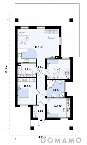 Проект простого комфортного одноэтажного дома из кирпича с тремя спальнями / План 1 этажа Проект простого комфортного одноэтажного дома из кирпича с тремя спальнями / План 1 этажа